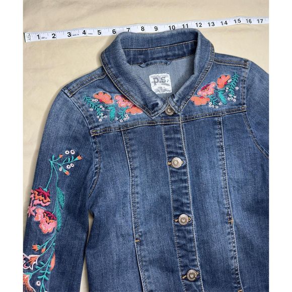 Women’s P.S. by Aéropostale, Embroidered Jean Jacket, 14 Blue - Picture 14 of 16